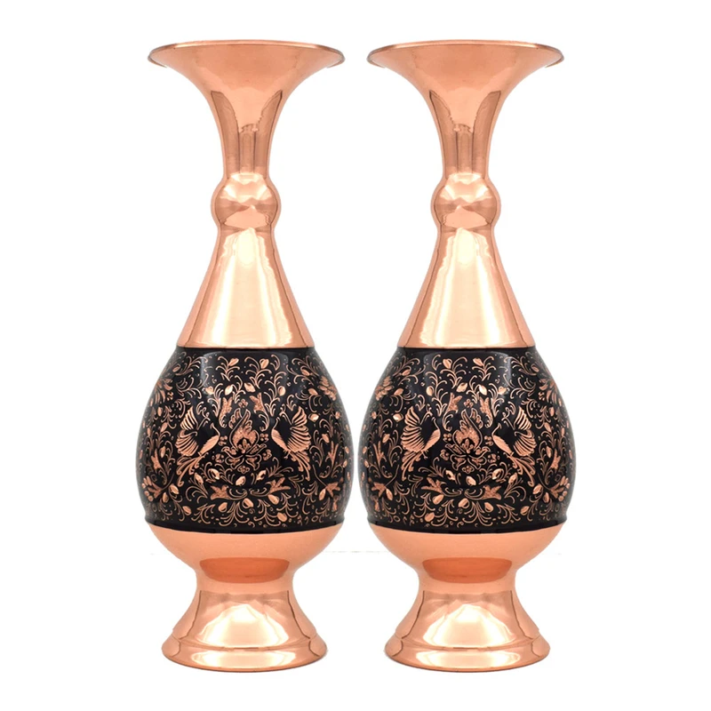گلدان مسی مدل الماس تراش طرح گل و مرغ کد 25-3 مجموعه 2 عددی