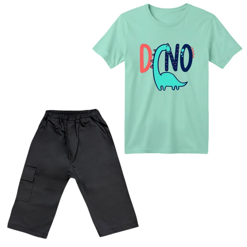 ست تی‌شرت آستین کوتاه و شلوارک پسرانه مدل دایناسور کد 3