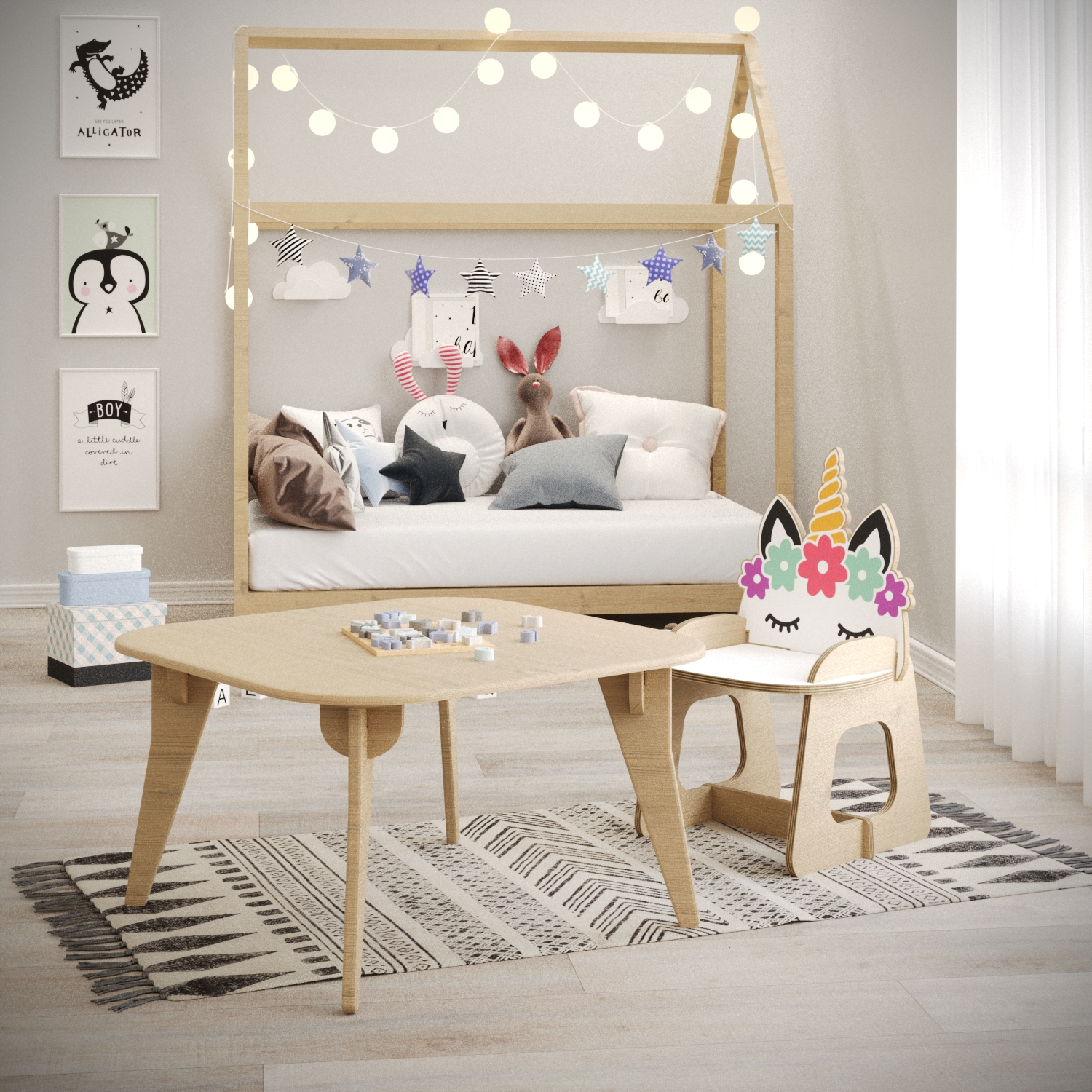 ست میز و صندلی کودک مدل  باغ وحش چوبی طرح تک‌شاخ