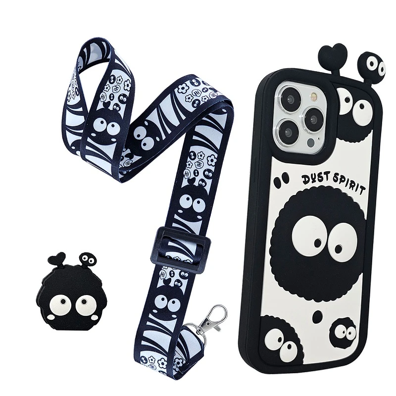 کاور مدل میکروب برجسته شاخدار مناسب برای گوشی موبایل اپل Iphone 15 pro به همراه محافظ کابل و بند آویز گردنی