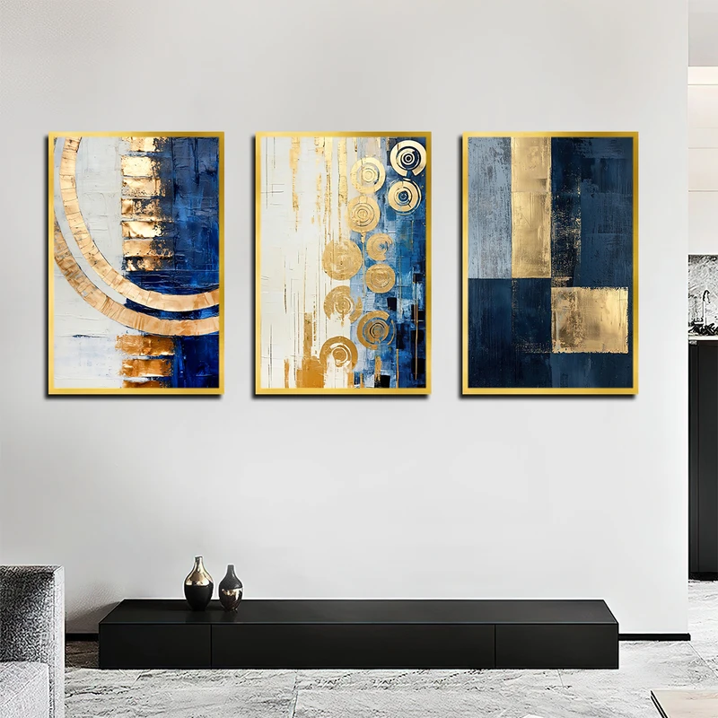 تابلو بکلیت طرح نقاشی انتزاعی مدل T-3390 فریم طلایی مجموعه 3 عددی