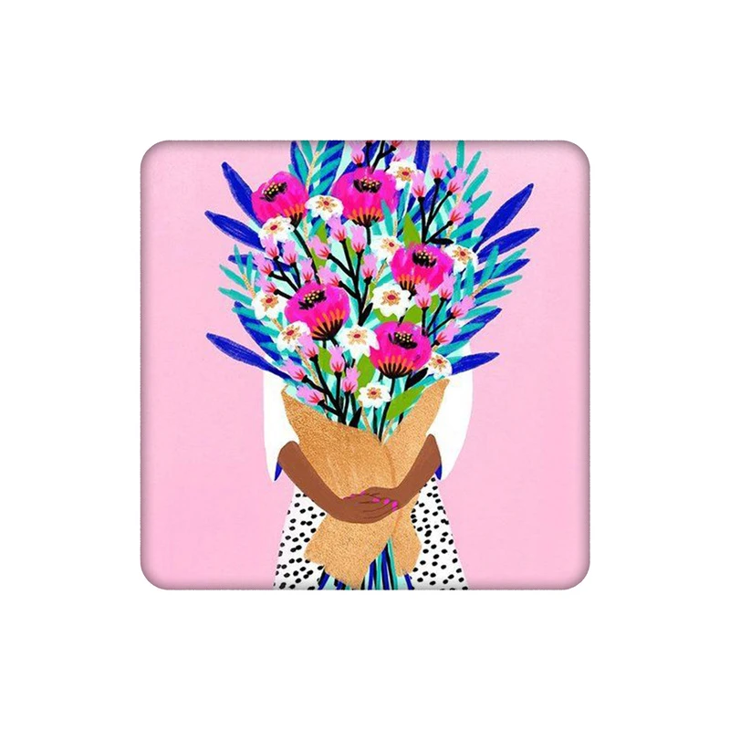 زیرلیوانی طرح دختر و دسته گل صورتی آبی  کد 1496240