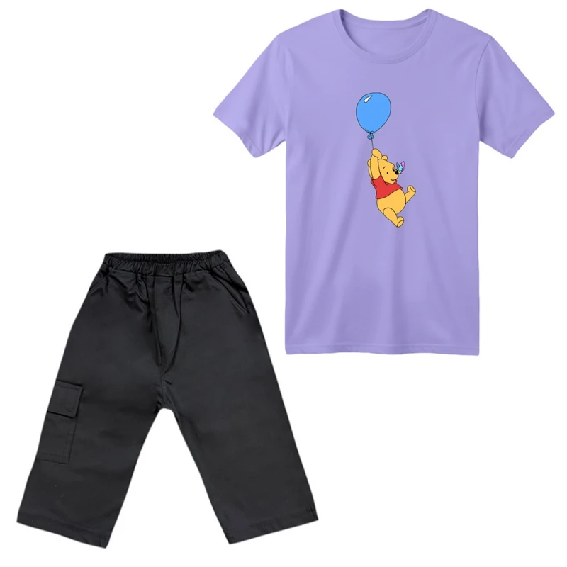 ست تی‌شرت آستین کوتاه و شلوارک دخترانه مدل پو کد 02 رنگ یاسی