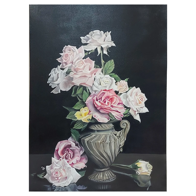 تابلو نقاشی رنگ و روغن به سبک رئال مدل گل و گلدان