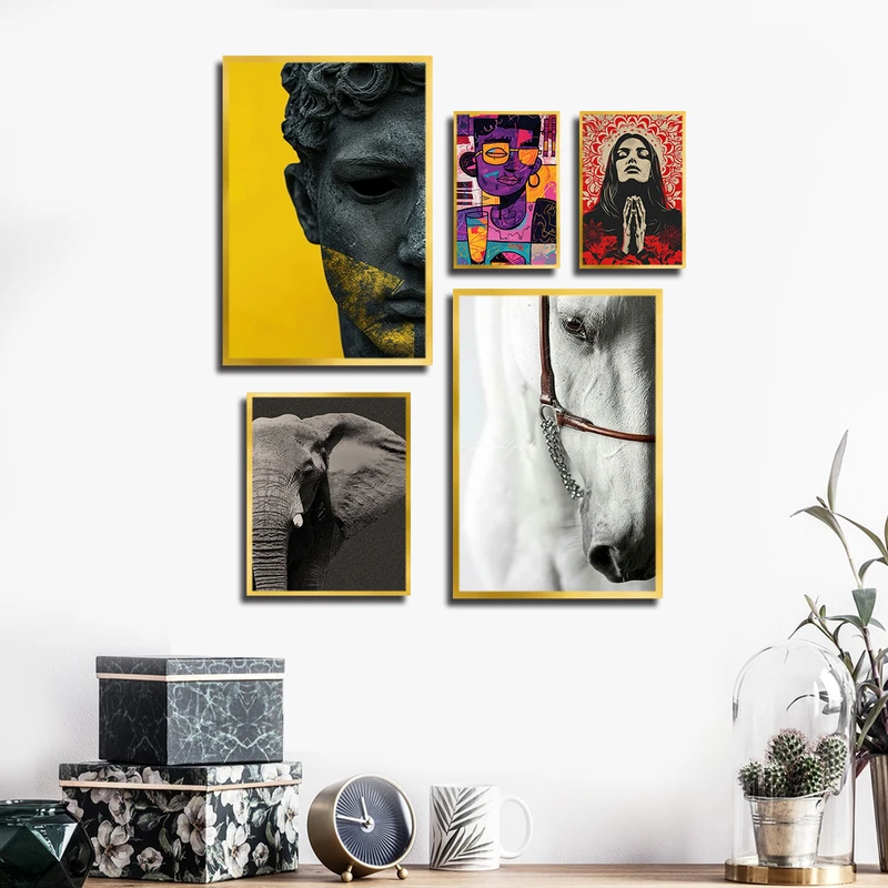 تابلو بکلیت طرح چهره و اسب و فیل مدل T-3293 فریم طلایی مجموعه 5 عددی