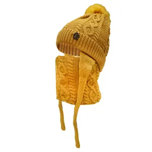 ست کلاه و شال گردن بافتنی بچگانه سام مدل 137 رنگ خردلی