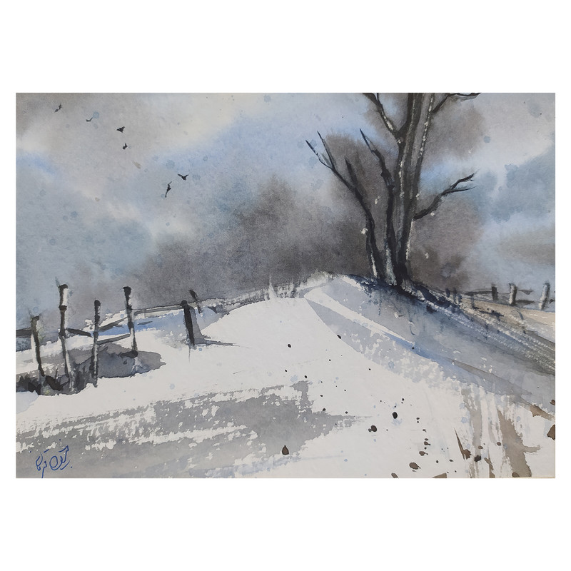 نقاشی آبرنگ طرح منظره زمستانی کد 09
