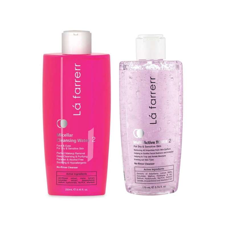 تونر مدل 02 مولتی اکتیو حجم 170 میلی لیتر به همراه محلول پاک کننده آرایش و صورت لافارر مدل 02 حجم 250 میلی لیتر