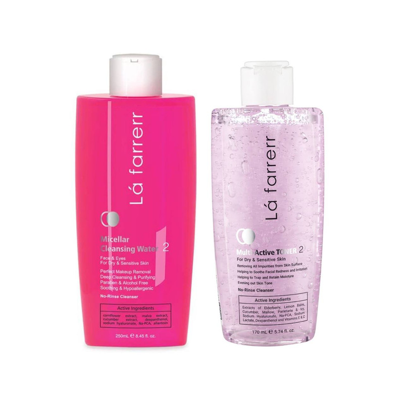 تونر مدل 02 مولتی اکتیو حجم 170 میلی لیتر به همراه محلول پاک کننده آرایش و صورت لافارر مدل 02 حجم 250 میلی لیتر