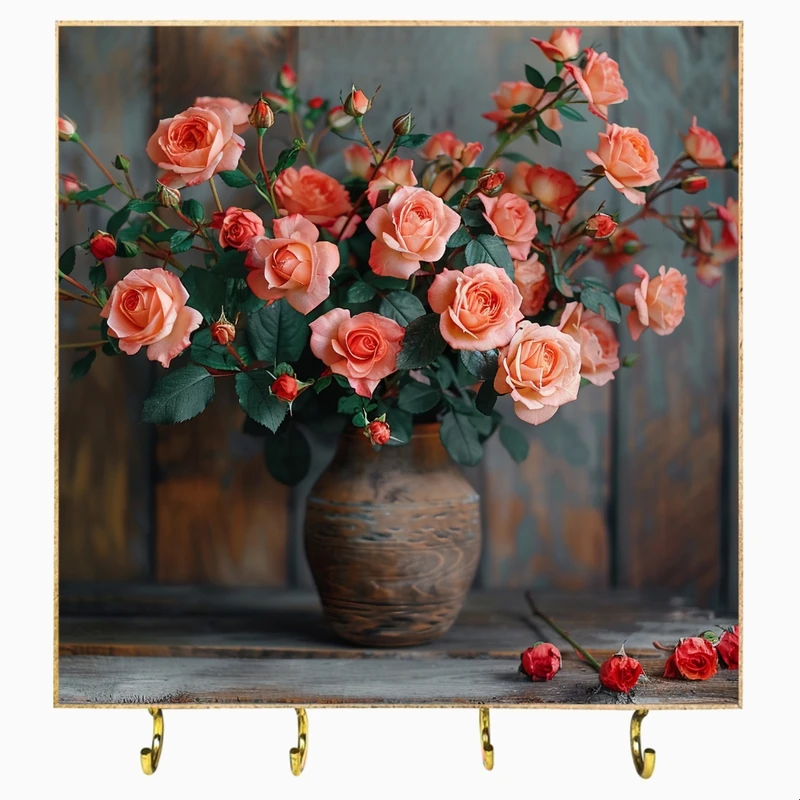 جاکلیدی دیواری چوبی مدل مینیمال طرح گلدان پرگل