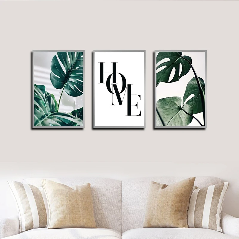 تابلو بکلیت طرح برگ انجیری و HOME مدل SI-3951 فریم نقره ای مجموعه 3 عددی