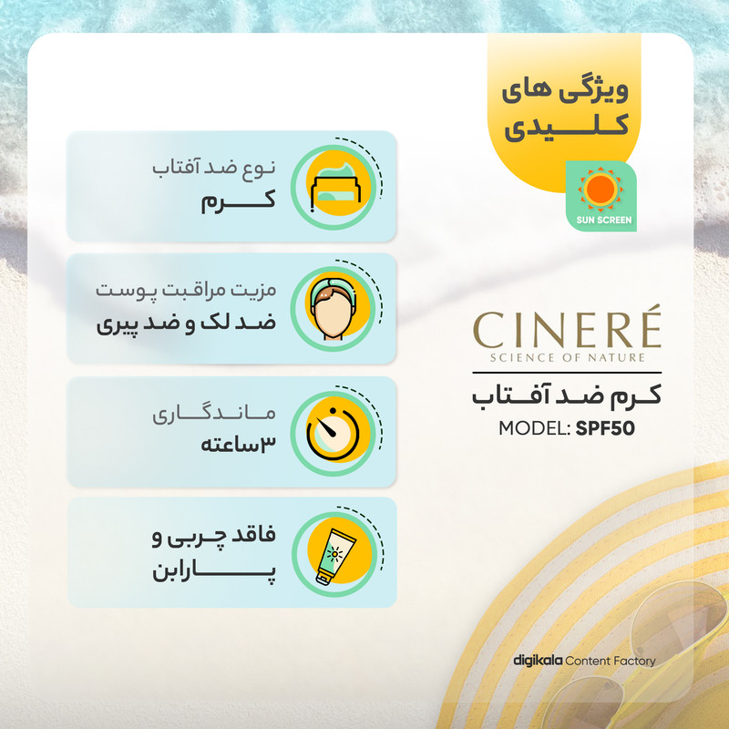 کرم ضدآفتاب بی‌رنگ سینره مدل SPF50 مناسب پوست چرب، حجم 50 میلی‌لیتر