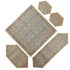 ست 5 تکه رومیزی ترمه ابریشم بزنگانی مدل نرگس‌ کد 00110