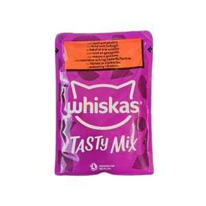 پوچ گربه بالغ ویسکاس مدل TASTY MIX طعم گوشت گاو، مرغ وزن 85 گرم