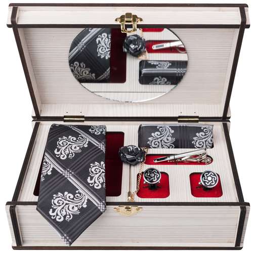 ست کراوات و دستمال جیب و دکمه سردست و گیره کروات مردانه مدل GF-ST0918-BK-BOX