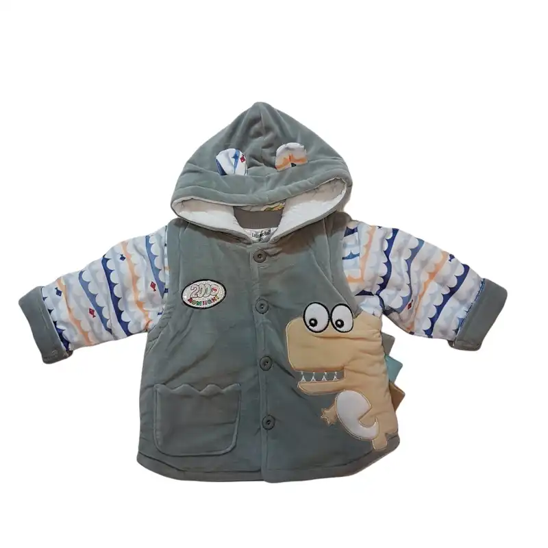 ست کاپشن و شلوار نوزادی طرح دایناسور مدل ASH412 رنگ طوسی