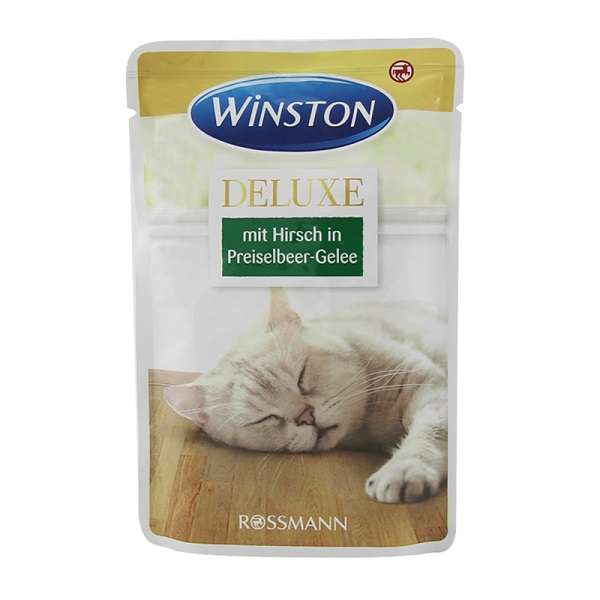 پوچ گربه وینستون مدل دلوکس با طعم گوشت گوزن در ژله زغال اخته وزن 85 گرم