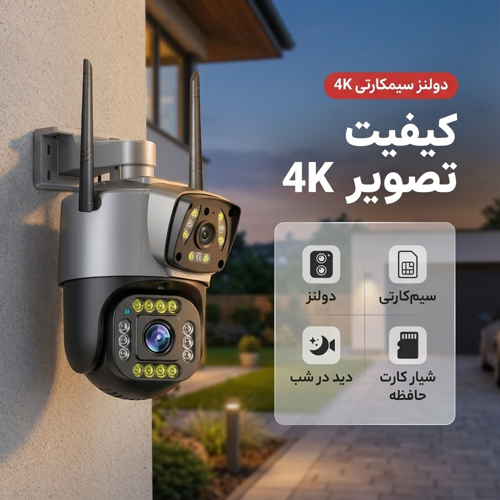 دوربین امنیتی و نظارتی بی‌سیم دو لنز سیم‌کارتی مدل V380 با چرخش 360 درجه، دید در شب وارم لایت، تشخیص حرکت انسان و مکالمه دوطرفه