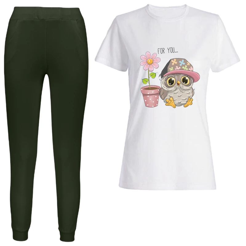 ست تی شرت آستین کوتاه و شلوارک زنانه طرح جغد مدل 717