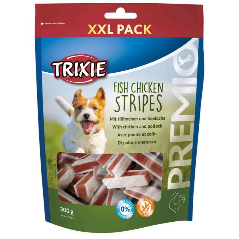 تشویقی سگ تریکسی مدل fish chicken strips وزن 300 گرم