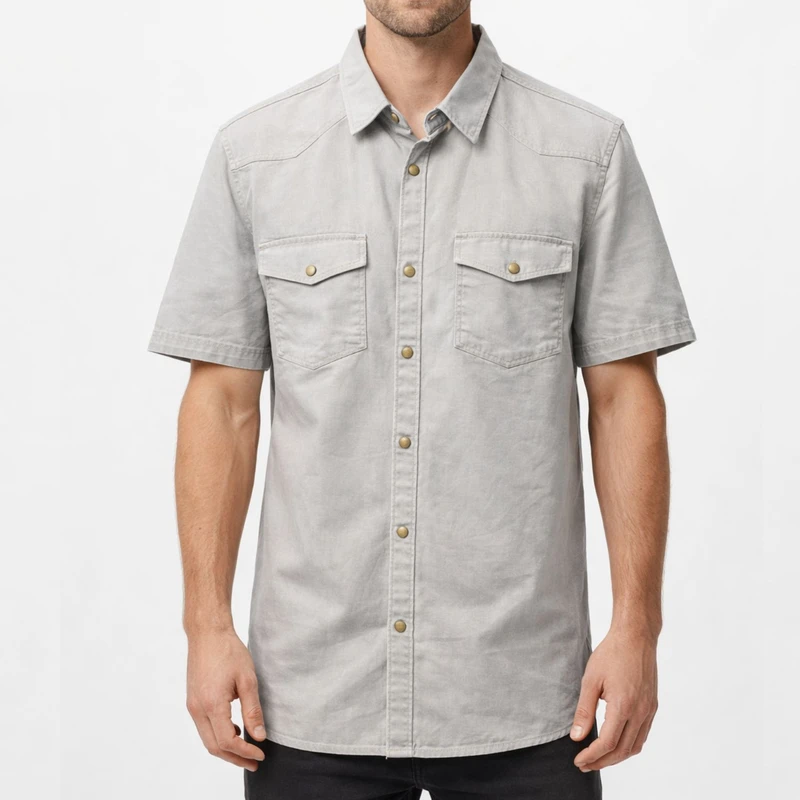 پیراهن آستین کوتاه یقه برگردان مردانه مدل کتان دو جیب