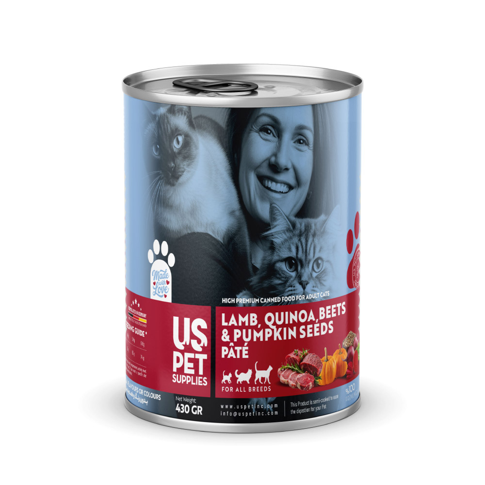 کنسرو غذای گربه بالغ یو اس پت مدل های‌پریمیوم طعم گوشت بره و کینوآ و چغندر و تخم کدو وزن 430 گرم