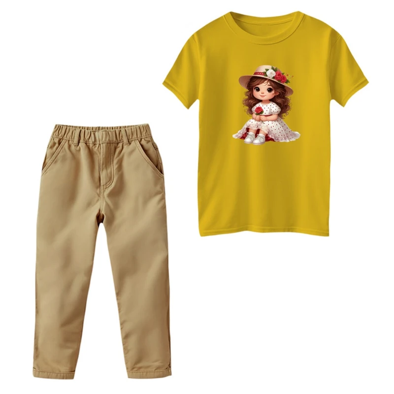 ست تی‌شرت و شلوار دخترانه مدل دخترک کد 02 رنگ زرد