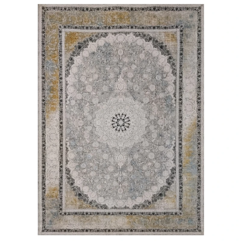 فرش ماشینی 1200 شانه زمینه فیلی حاشیه الوان مدل اکریلیک نئوکلاسیک طلاکوب