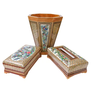 ست 3 تکه سطل و جعبه دستمال کاغذی و جعبه کارد و چنگال خاتم کاری مدل نقاشی برجسته کد gr21sim