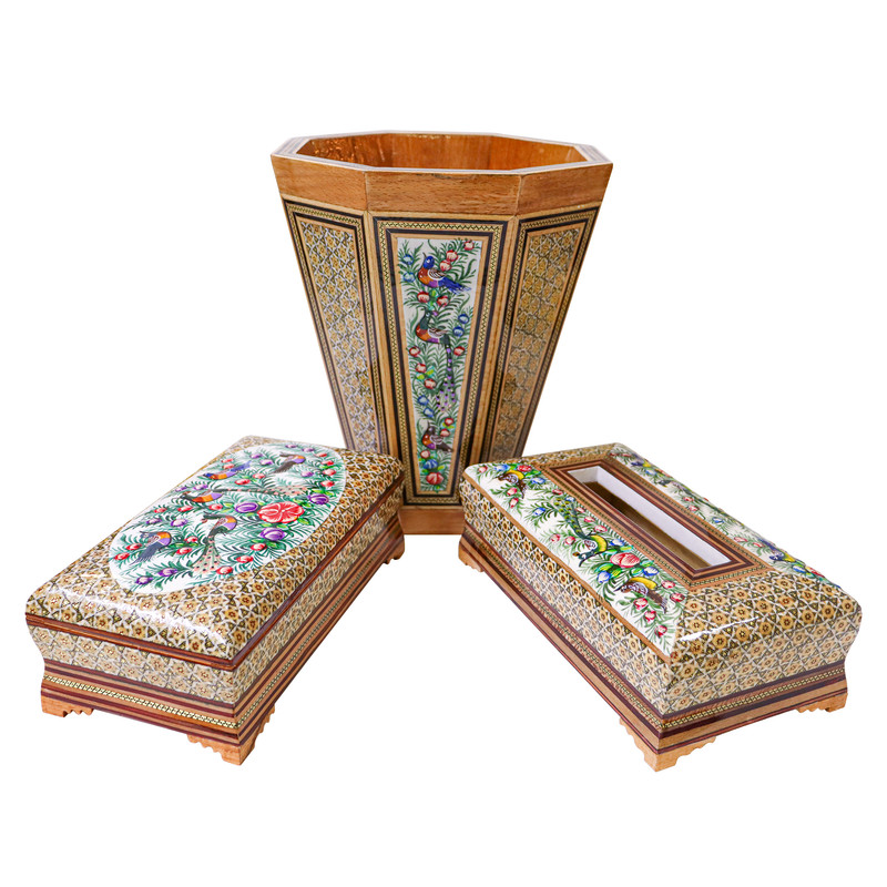 ست 3 تکه سطل و جعبه دستمال کاغذی و جعبه کارد و چنگال خاتم کاری صنایع دستی فاخر مدل نقاشی برجسته کد gr21sim