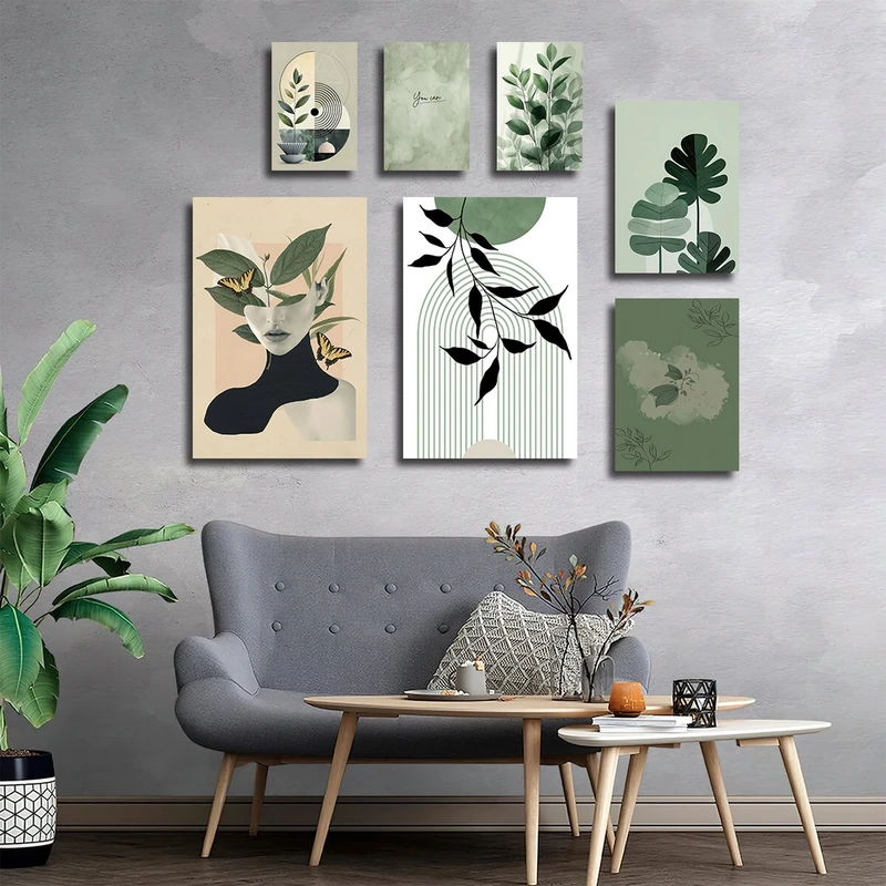 تابلو شاسی بکلیت طرح نقاشی مینیمال چهره و برگ انجیری مدل SH-3069 مجموعه 7 عددی