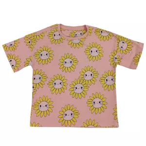تی شرت آستین کوتاه دخترانه مدل گل افتابگردان رنگ صورتی