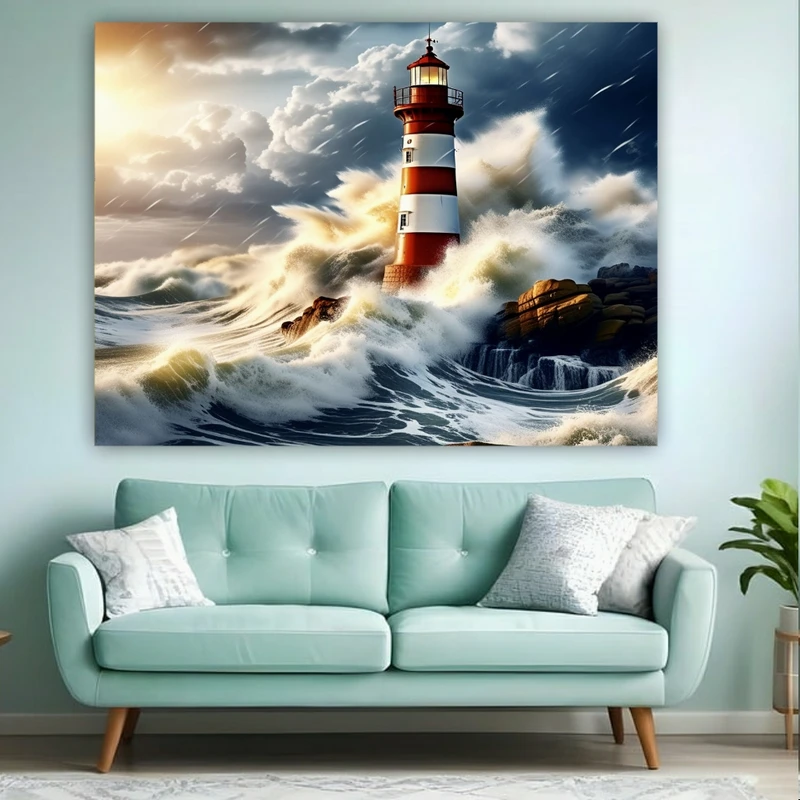  پوستر پارچه ای طرح نقاشی فانوس دریایی مدل طوفان کد AR31441