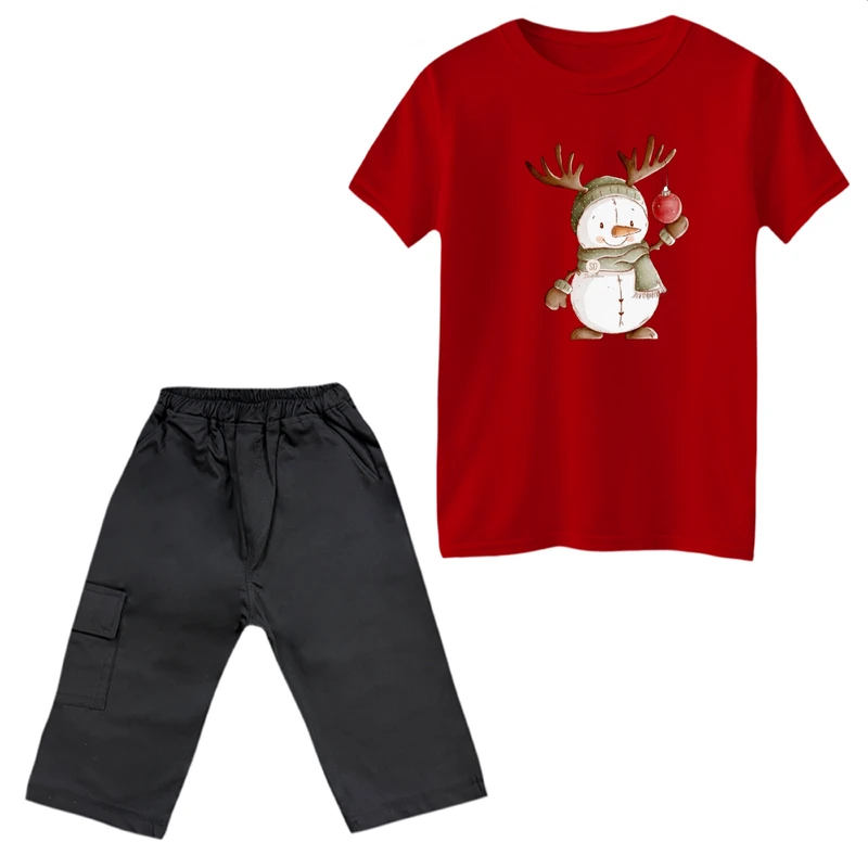 ست تی‌شرت آستین کوتاه و شلوارک دخترانه مدل آدم برفی شاخدار