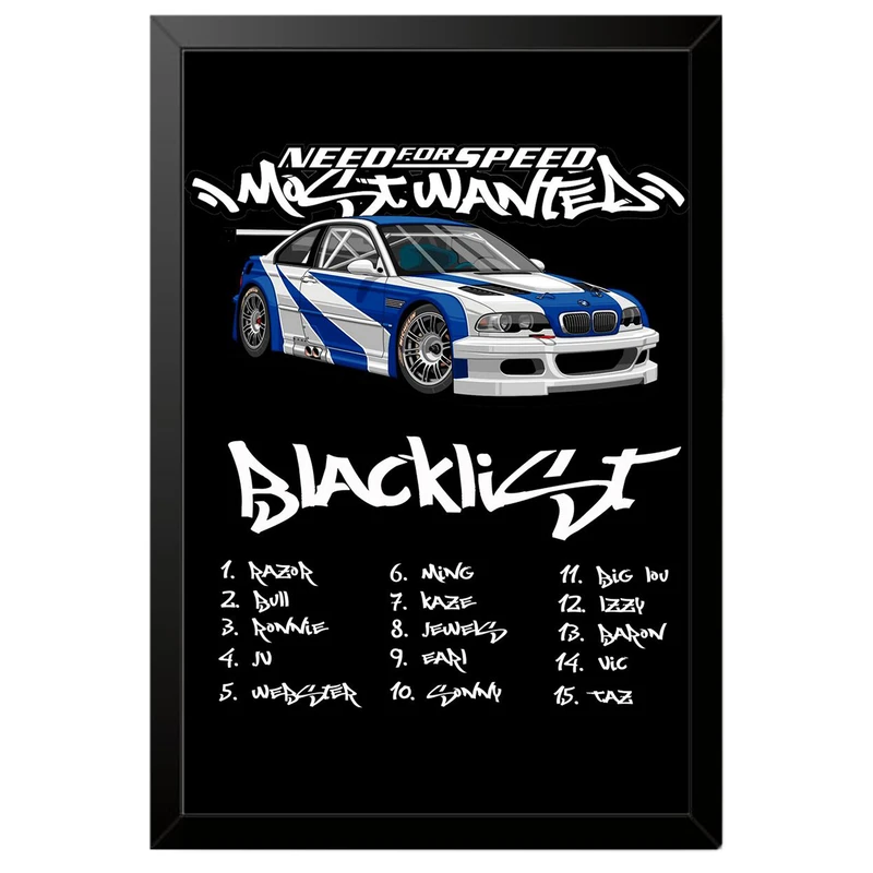 تابلو بکلیت طرح ماشین و خودرو بی ام و BMW M3 GTR NEED FOR SPEED MOST WANTED مدل B-po1880 فریم مشکی