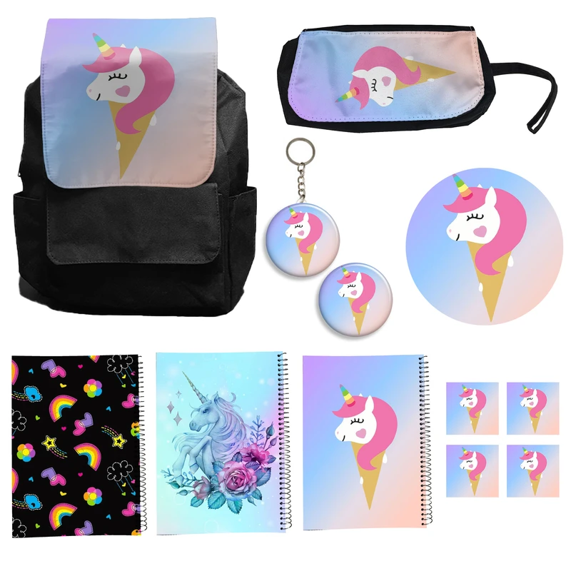 کوله پشتی مدل یونیکورن تک شاخ کد A7 Unicorn به همراه دفتر مشق و جامدادی و زیر لیوانی و جاکلیدی مجموعه 12 عددی