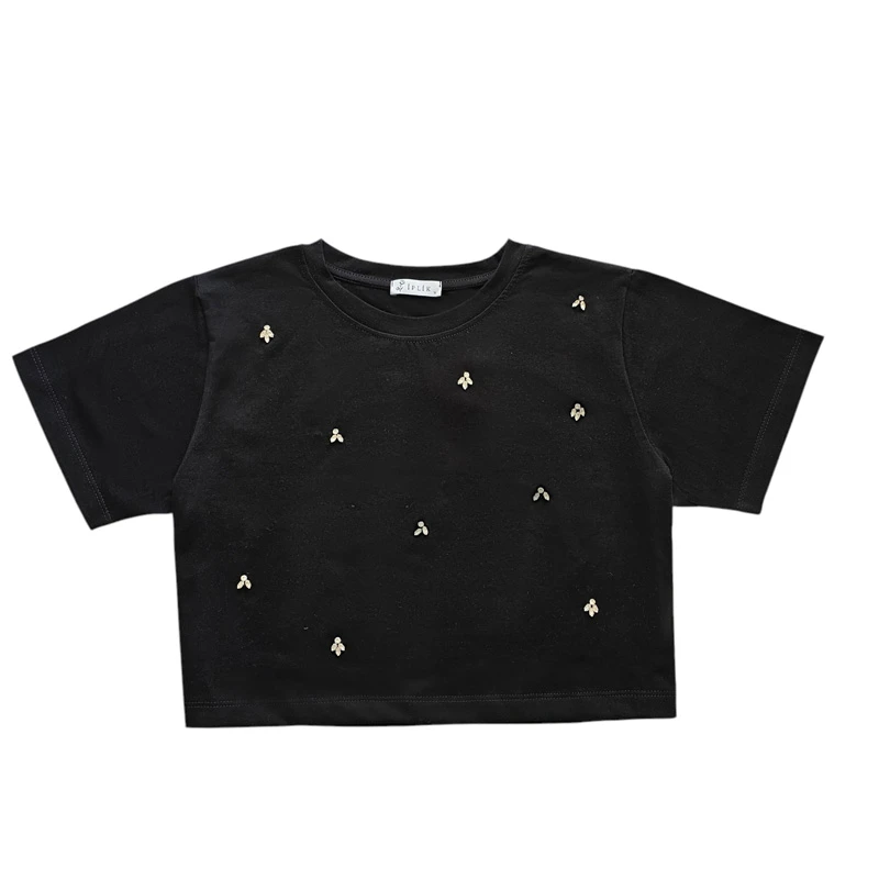 کراپ‌ تی‌شرت آستین کوتاه زنانه ایپلیک زی مدل نگین کد IP10.2