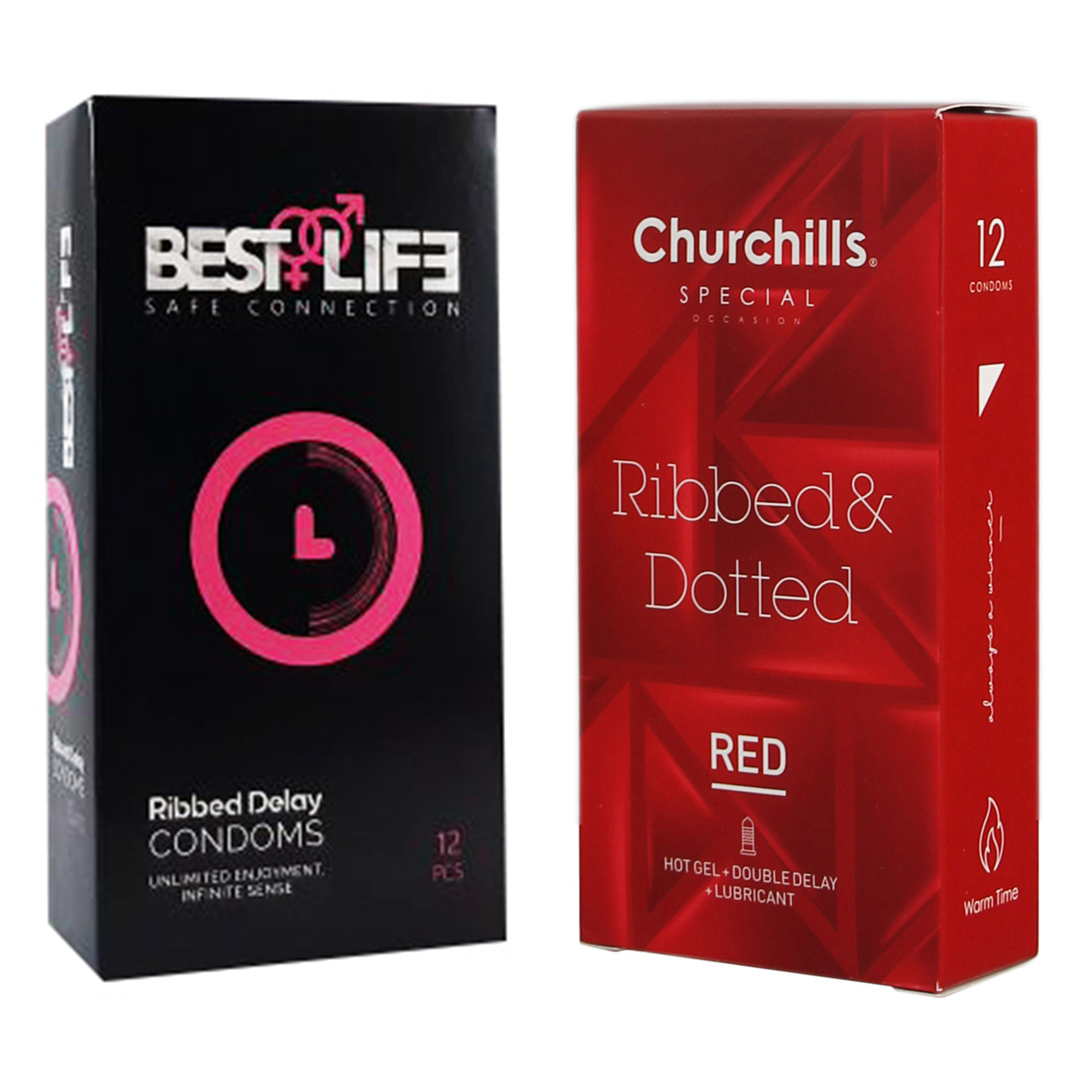 کاندوم چرچیلز مدل Ribbed & Dotted Red بسته 12 عددی به همراه کاندوم بست لایف مدل Ribbed Delay بسته 12 عددی