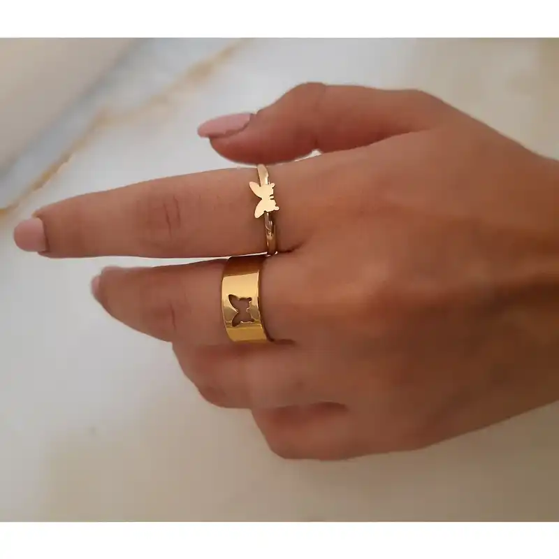 انگشتر زنانه مدل مکمل طرح پروانه مجموعه 2 عددی