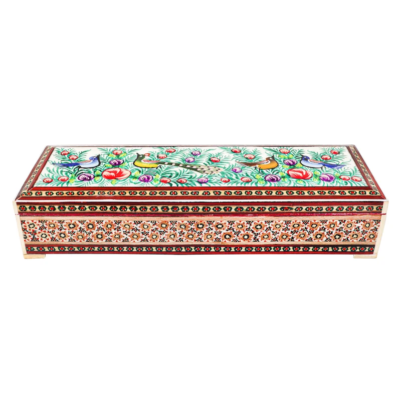 جعبه خاتم کاری چوبی صنایع دستی فاخر مدل جا مضرابی طرح گل و مرغ برجسته کد Gr2996 