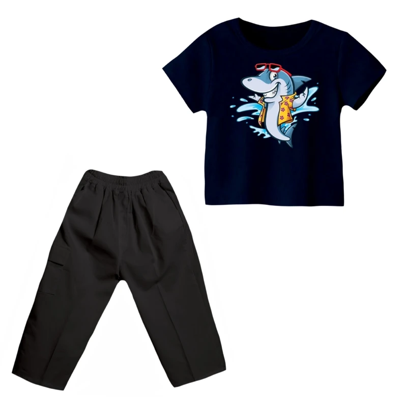 ست تی شرت و شلوارک پسرانه مدل کوسه کد 5