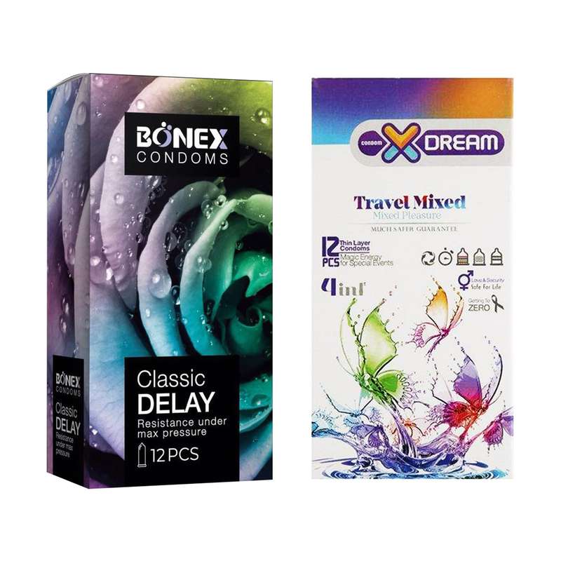 کاندوم بونکس مدل Classic Delay بسته 12 عددی به همراه کاندوم ایکس دریم مدل Travel Mixed بسته 12 عددی