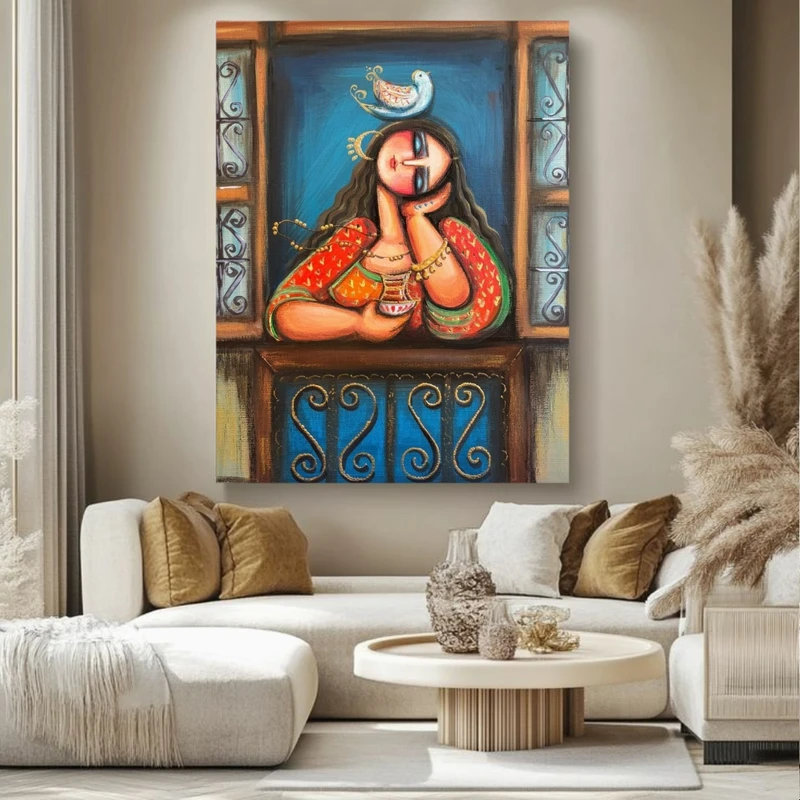 تابلو بوم طرح مخمل نقاشی بانوی ایرانی مدل شب و چایی کد BK24582