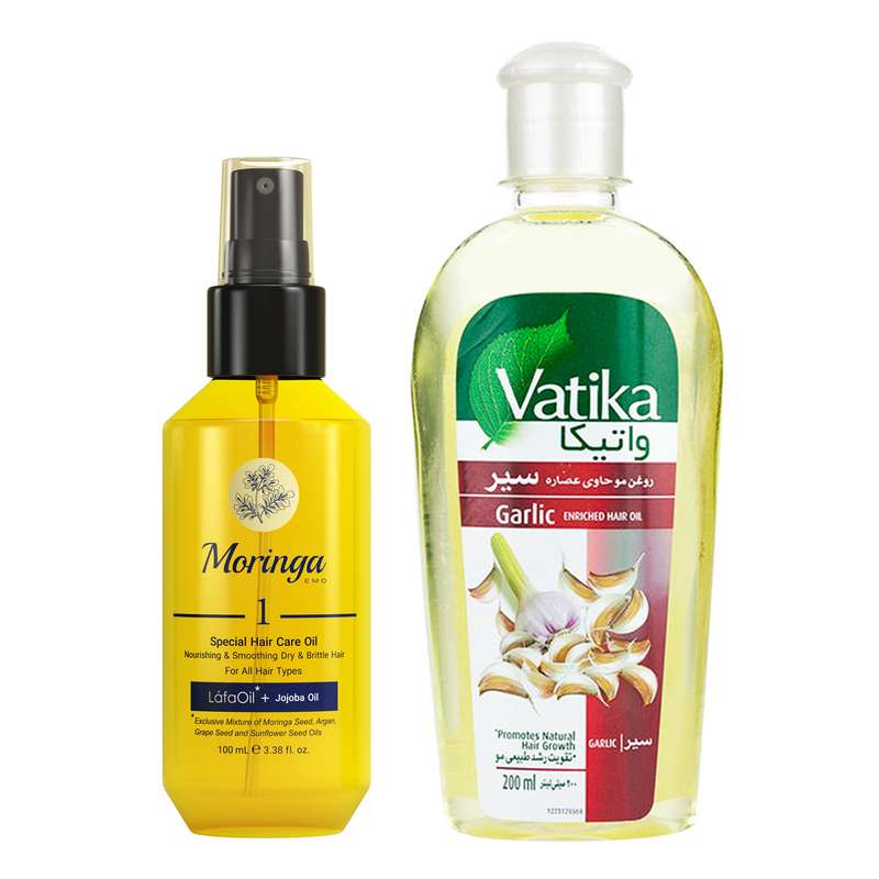 روغن مو مورینگا امو مدل HCO1 حجم 100 میلی لیتر به همراه روغن نرم و درخشان کننده مو واتیکا مدل Garlic حجم 200 میلی لیتر