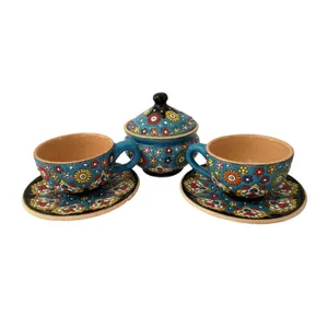 ست 5 تکه فنجان نعلبکی و قندان میناکاری سفالی کد 38