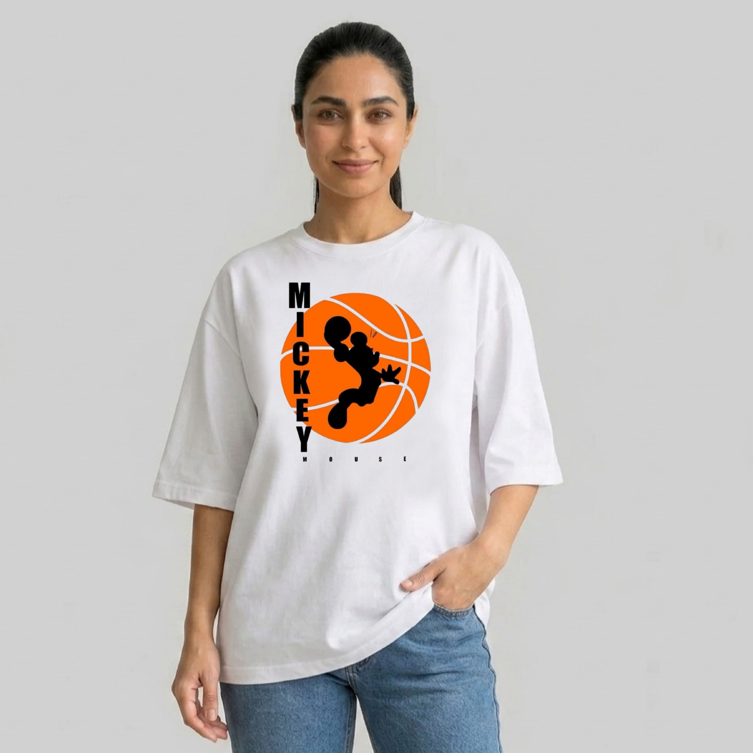 تی شرت آستین سه ربع زنانه مدل باکسی طرح بسکتبال کد v2