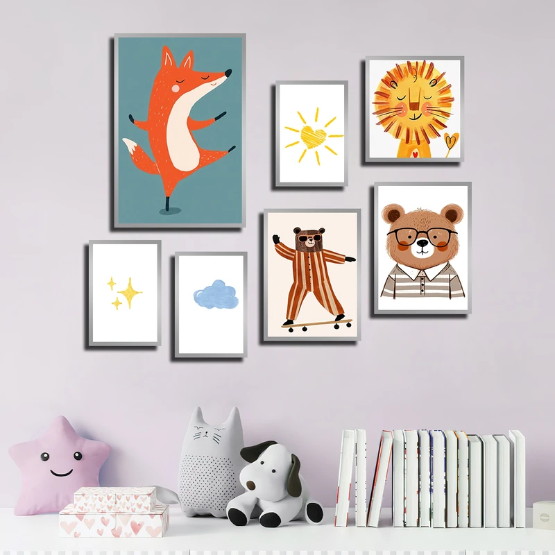 تابلو بکلیت طرح نقاشی حیوانات مدل SI-3772 فریم نقره ای مجموعه 7 عددی