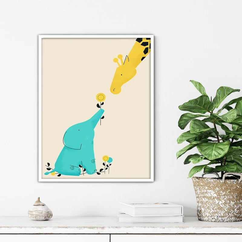 تابلو آتریسا طرح فیل و زرافه مدرن مدل ATFKW26 فریم سفید