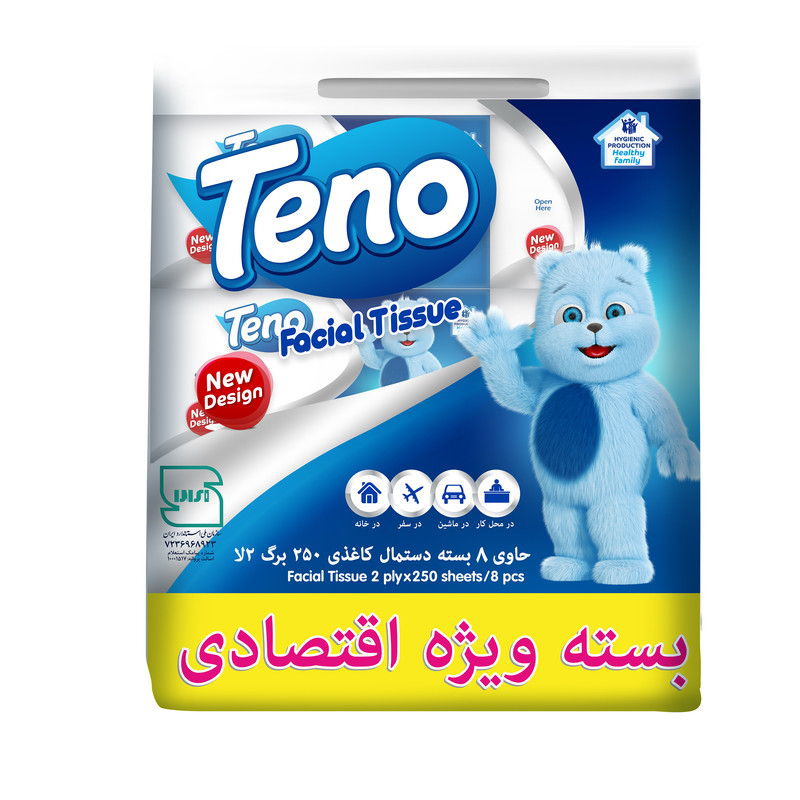 دستمال کاغذی 250 برگ دو لایه تنو مدل 008 بسته 8 عددی