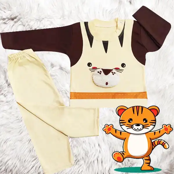 ست تی شرت و شلوار نوزادی مدل Tiger کد Ke2 رنگ کرم